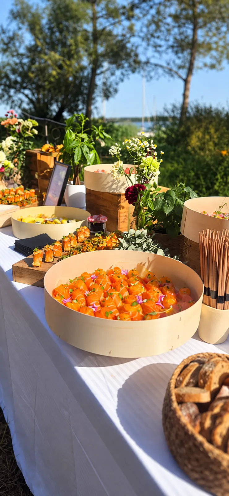 Buffet de brunch de mariage installé en plein air au bord de l'eau, Bassin d'Arcachon