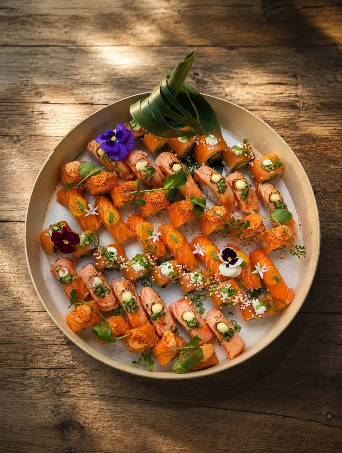 Plateau de sushis premium au saumon, fleurs comestibles — traiteur Bordeaux Maison Yuzū
